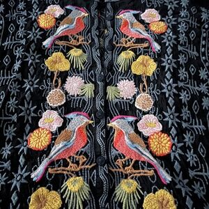 Johnny Was black heavily embroidered LS top birds RARE